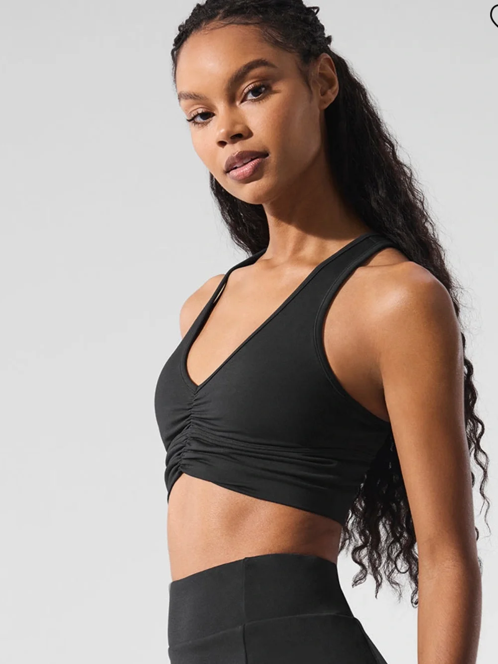 ALO Yoga Wild Thing Bra Black Ruched V-Neck Sports Bra